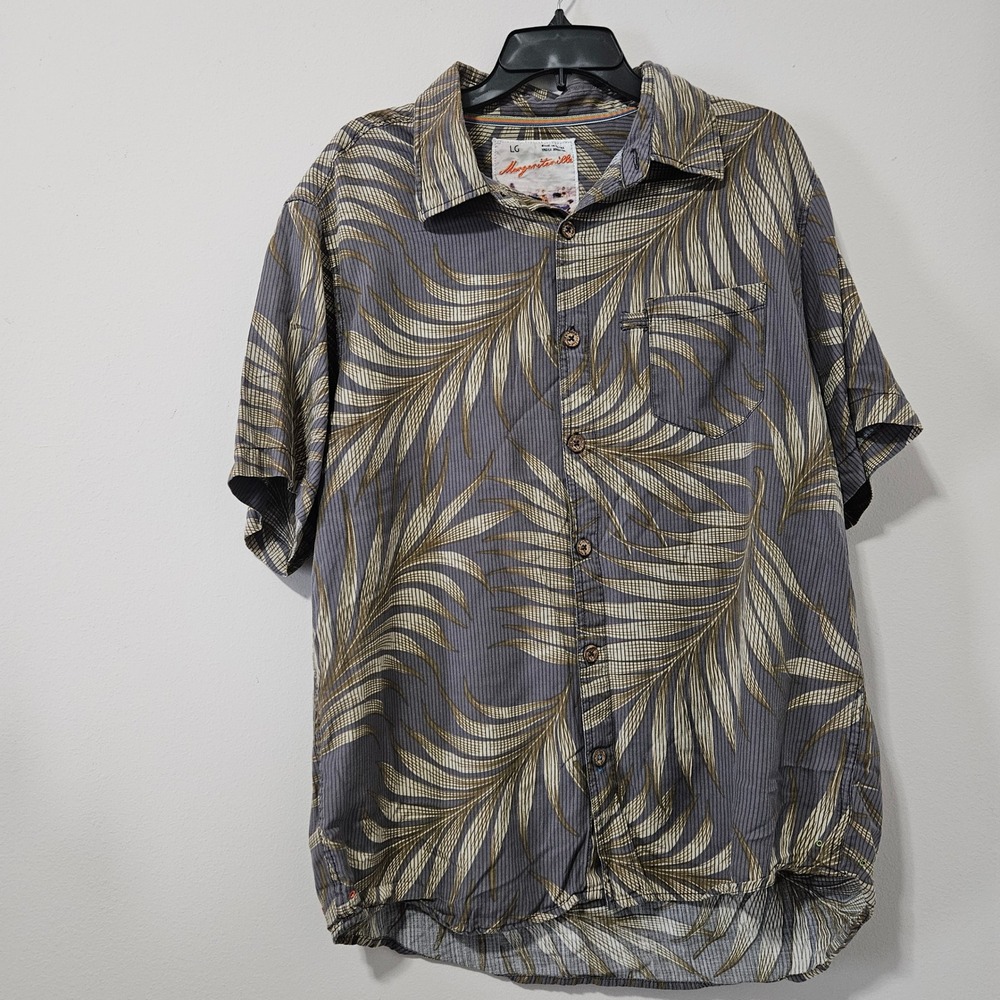 Margaritaville Mens Large Silk Cotton‎ Tropical Palm Leaf Button Down Shirt Gray